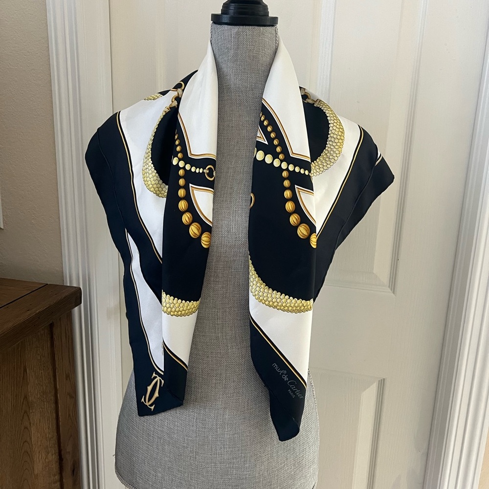 Cartier silk scarf in black ivory gold colors